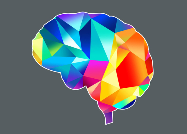 illustration of a human brain shown in colorful triangular prisms against a gray background; concept is brain health
